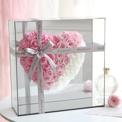 China Amazon Hot Sale Valentine Souvenir Real Touch Preserved Roses Forever Rose In Flower Glass Heart Shaped Box In Acrylic Gift Box 30*10*30cm for sale