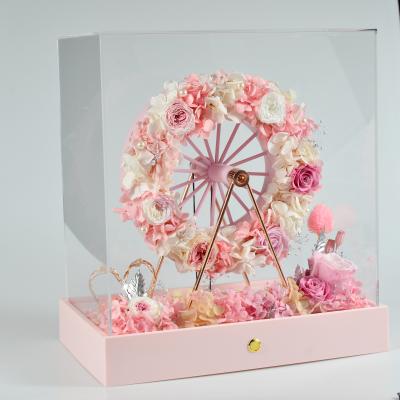 China Romantic Preserved Flower Hydrangea Rose Flower Ferris Wheel Acrylic Gift Box 100% Real Fresh Flower Natural Eternal Decorative Eternal Rose Valentine's Day Gift for sale