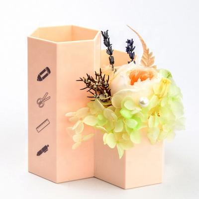 China Best Wholesale Creative Pen Container Desktop Storage Brush Jar With Preserved Rose Flower For Teacher's Day Gifts 12*12*12CM for sale