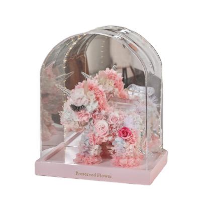 China Wholesale High Quality Preserved Flower Hydrangea 20*12*20cm Unicorn In Acrylic Box For Christmas Valentine Gifts for sale