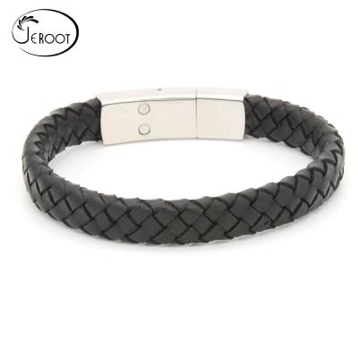 China CLASSIC Classic Handmade Leather Bracelet Black Color Men Wrap Bracelet With Stainless Steel Clasp for sale