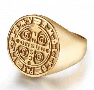 China Other Custom 14K Gold Plated Catholic St Benedict Exorcism Signet Ring for sale