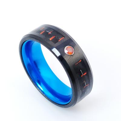 China 2022 FASHIONABLE New Design Red Zircon Paved Stainless Steel Ring With Carbon Fiber For Men for sale