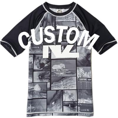 China Breathable Custom Boys Swimming Surfing Tops Cute Quick Dry Short Sleeve Swimwear Gray Color Printed Kids Swimwear for sale