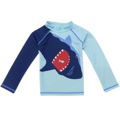 China Custom Boys Rash Guard Swimsuits Beach Wear Kids Breathable Long Sleeve Dark Blue Shark Pattern Sunsuit Swimwear OEM Boys Surfing Top for sale