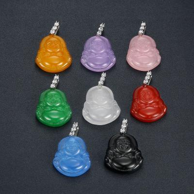 China YOHAPP Environmental Friendly Malay Jade Maitreya Buddha Pendant Necklace Stainless Steel Iced Out Zircon Jade Laughing Buddha Necklace for sale