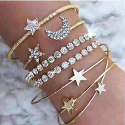 China European and American simple set moon crystal four-piece star bracelet fashion durable open bangle bracelet accessories for sale