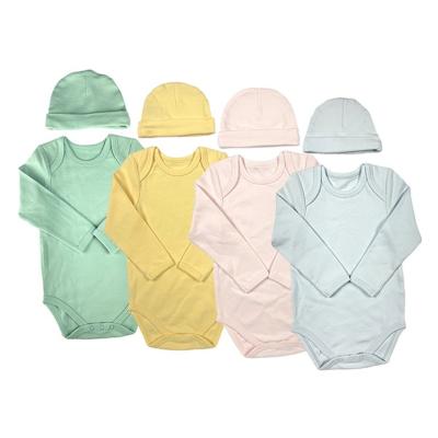 China Baby Boys 100% Cotton Long-sleeved Summer Rompers Set with Cap Support OEM 4 Colors for sale