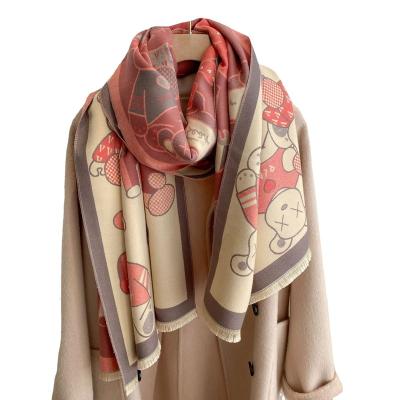 China European American Europe and American cute bear pattern ladies warm autumn and winter new cashmere color with tassel shawl fashion scarf for sale