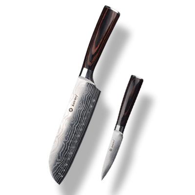 China Disposable Top Chef 2 Piece 7Cr17Mov Damascus High Carbon Santoku Pattern And Paring Knife Set for sale