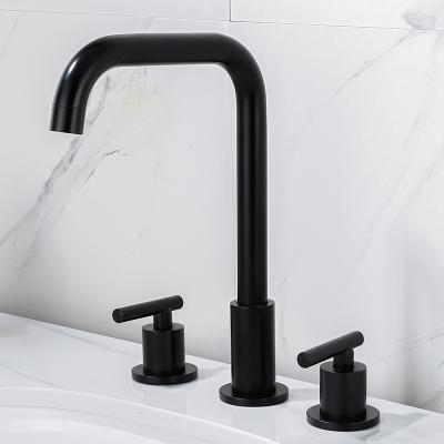 China Metered Faucets Top To Grade Black Brass Double Handle 3 Hole Basin Mixer For Bathroom Faucet for sale