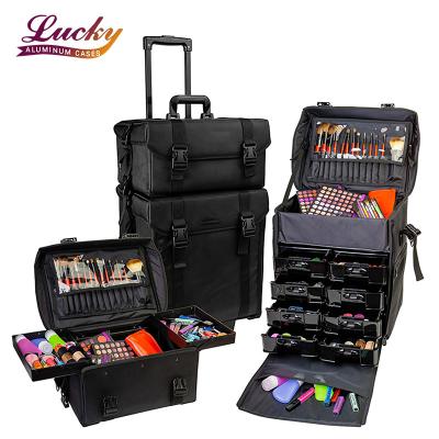 China Large Capacity 2-in-1 Beauty Makeup Case Makeup Rolling Case Cosmetic Train Case On Wheels for sale