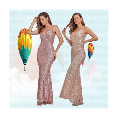 China KCYA Anti-Static New Arrival Women Evening Dresses Elegant V-Neckline Spaghetti Strap Sequins Mermaid Club Prom Dress for sale