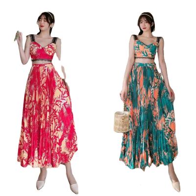 China KCYA Anti-Static Bohemian Style High Waist Pleated Skirt Women Summer Maxi Skirt Sets Two Piece Set for sale