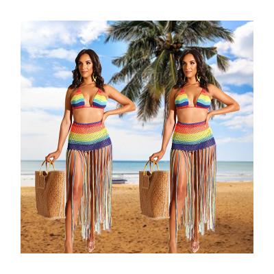 China KCYA 2021 Summer Beach Casual Suit Women Breathable Hand Knitting Hollow Two Piece Swim Set for sale