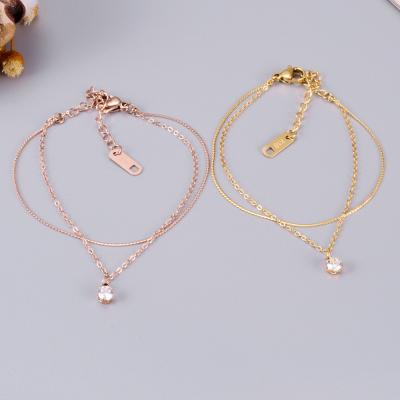 China TRENDY 18k Gold Plated Double Layer Women Zircon Bracelet Foot Jewelry Diamond Anklet Chain Stainless Steel for sale