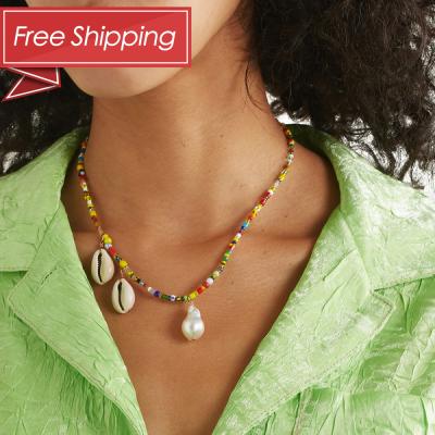 China Free Shipping BOHEMIA USA Hot Sale Handmade Women Colorful Seed Shell Pendant Pearl Bohemian Necklace for sale