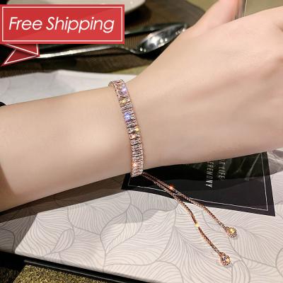 China FASHIONABLE Free Shipping Adjustable Pink Rose Gold Iced Out Baguette CZ Zircon Diamond Tennis Bracelet for sale