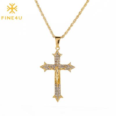 China Religious Trendy Men's Diamond Christian Jesus Jewerly Gold Plated Cross Hip Hop Unisex Pendant Necklace for sale