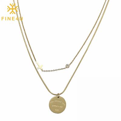 China TRENDY Gold Plated Custom Engraved Jewelry Coin Women Stainless Steel Double Layer Pendant Necklace for sale