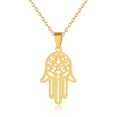 China Religious Stainless Steel Fatima Pendant Hamsa Hand Necklace Gold Plated Religious Muslim Jewelry for sale