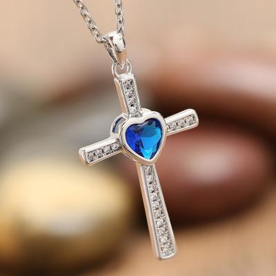 China Fashion Women Birthday Jewelry Religious Gifts 12 Month Birthstone CZ Zircon Cross Necklace Pendant for sale