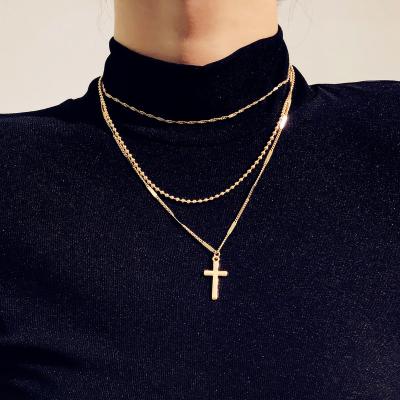 China Fashion TRENDY Jewelry Multi Layered Alloy Sweater Chains Women's Gold Plated Cross Necklace for sale