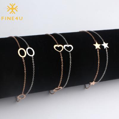 China Fine4U F4U-B120 FASHIONABLE Star Girl Women Heart Shaped Double Circle Rose Gold Plated Stainless Steel Heart Chain Bracelet for sale