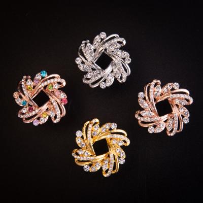 China Popular Three Ring Scarf Buckle Flower Brooch Rhinestone Alloy Soft Silk Pin for sale