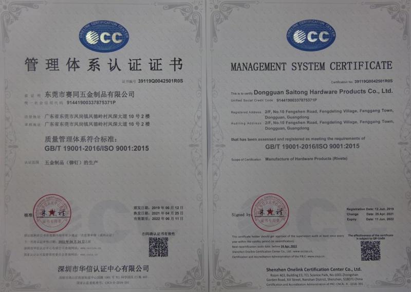 ISO9001 - Dongguan Saitong Hardware Products Co., Ltd.