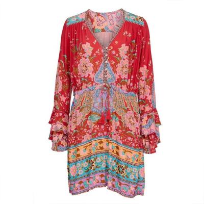 China OEM Floral Bohemian Women Summer Fashion V Neck Tunic Flare Long Sleeve Breathable Casual Dress Button Up Drawstring Mini Dress Ladies for sale