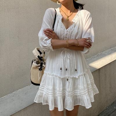 China OEM Breathable Ruffled Half Sleeve Lady 100% V-Neck Women Dress Classic Cotton Brand Adjustable Drawstring Warm Custom Size Vacation Dress for sale