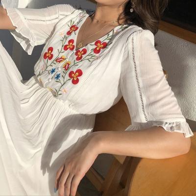 China Resort Plus Size OEM New Product Cami Lining Two Piece V-Neck Sleeve Short Women Casual Dress Solid Anti-Static Midi Embroidered Lady Dress for sale