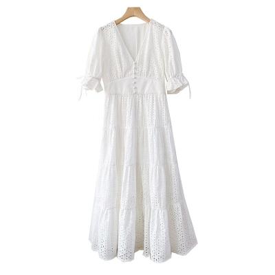 China High Quality Breathable Drop Shipping All Over Embroidery Women Corset Waist Maxi Dress Deep V-Neck Stock Resort Loose Dress For Lady for sale