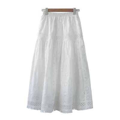 China New Design Breathable Women Summer Vacation Skirt Custom White 100% Cotton Cut All Over Embroider Long Skirt Women Modern Skirt for sale