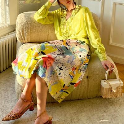 China 2023 New Arrival Summer New Arrival 100% Cotton Lady Skirt OEM Vintage Painting Print Women Midi Skirt Breathable Office Lady One-Line Skirt for sale