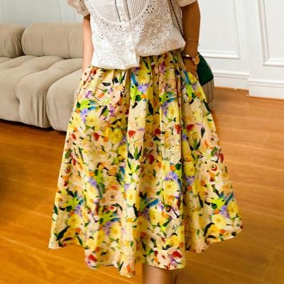 China 100% Cotton Lady Skirt OEM Vintage Print Women Midi Skirt Office Swap Floral Paint Lady Skirt Summer High Quality Breathable One-Line Skirt for sale