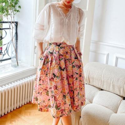 China 100% Running Office Lady Skirt Dropshipping Summer Sweet Lady Skirt Cotton Painting Vintage Print Breathable Women Knee Length Skirt A Line for sale