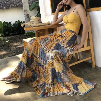 China High Quality Breathable Patchwork Geo Print Casual Women Maxi Skirt Bohemia Resort Lady Loose Long Skirt for sale