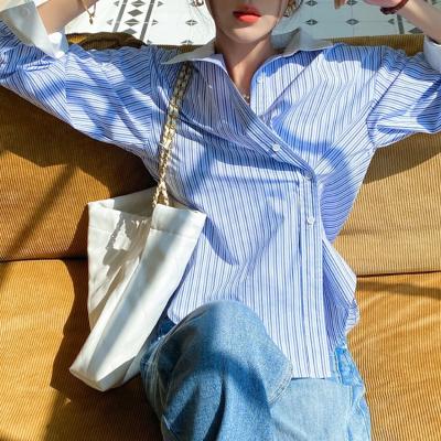 China OEM Modern Anti-pilling Long Sleeve Office Ladies High Quality Basic Fashion Asymmetric Buttons Up Shirt Women Blouse Striped Cool Shirt for sale