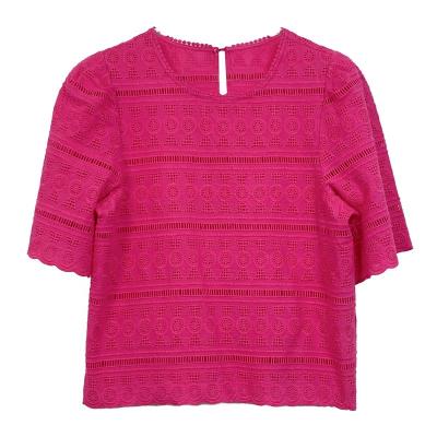 China OEM Anti Pilling Short Sleeve Women Blouse Bright Pink Crew Neck Crochet Lady Causal Tops Women Blouses 2022 Chic Chemical Lace for sale