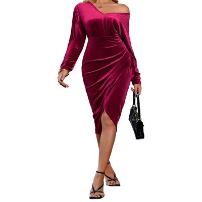 China Anti-Static 2023 New winter fashion Dress Casual V-neck Solid Color Waistband Velvet Dress For Women for sale