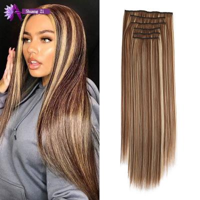 China Tangle Human Hair Custom Size Color Straight Synthetic 16Clips Tied Hair Extension 6pcs/set Clip In Hair Extension for sale