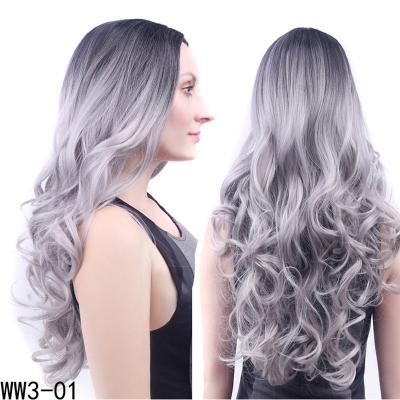 China Gray Long French Curly Synthetic Gray Ombre Granny Hair Wigs Black Mid-Strokes Ladies Wig Europe America FRENCH LOOP Wigs for sale