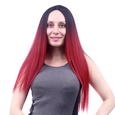 China Silky Straight Wave Europe America Long Hair Dyed Black Burgundy Ombre Mid Length Silky Straight Hair Synthetic Wigs for sale