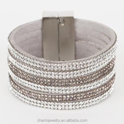 China 12 Row Crystal Rhinestone Pave Leather Fashion Magnetic Buckle Bracelets For Women BCR024 for sale