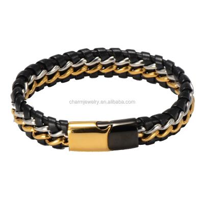 China Punk Genuine Leather Bracelet With Magnetic Clasp Gold Color Mens Stainless Steel Bracelet Wholesale ZPSL008 for sale