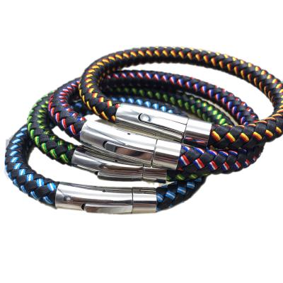 China Wholesale Vintage Stainless Steel Mens Bracelet Personality Multicolor Braided Leather Bracelet QXSZ013 for sale