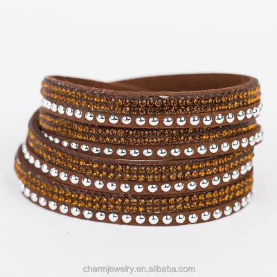 China Wholesale Punk Bling Crystal Fashion Wrap Bracelets Double Wrap Bracelets Full Leather Bracelet BCR030 for sale