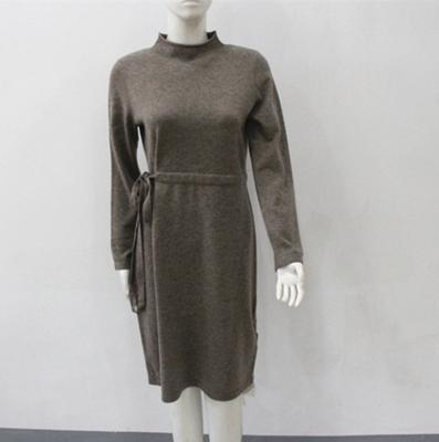 China Gray anti-pilling 2020 women winter sweater lady tight100% wool high-necked dress with belt for sale